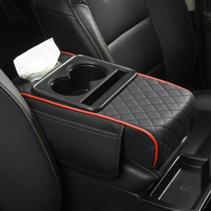 Universal Car Front Center Armrest Storage Box with Integrated Leather Booster Pad Cup Holder Tissue Storage Bag for Car Travel
